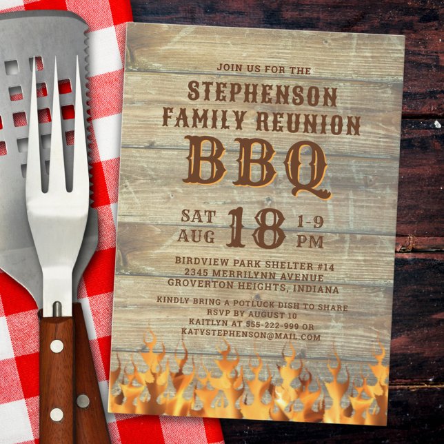 Family Reunion BBQ Rustic Wood Flames Invitation (Creator Uploaded)
