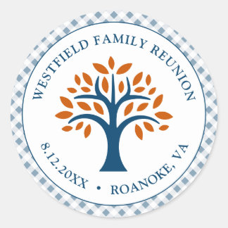 Family Reunion Blue Check Modern Family Tree Classic Round Sticker