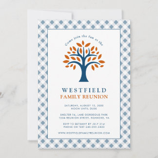 Family Reunion Blue Check Modern Family Tree Invitation