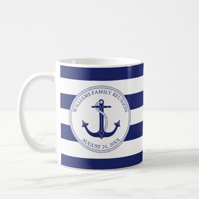 Family Reunion Blue Nautical Anchor Monogram Name Coffee Mug (Left)