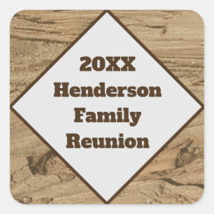 Family Reunion Brown Wood Grain Year and Last Name Square Sticker