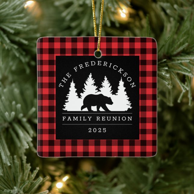 Family Reunion Buffalo Plaid Bear Forest Ceramic Ornament (Tree)