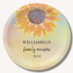 Family Reunion Colourful Paper Plate<br><div class="desc">This family reunion paper plate is decorated with a yellow sunflower on a watercolor background.
Easily customizable. 
Use the Customize Further option to change the text size,  style,  or colour.
Because we create our artwork you won't find this exact image from other designers. 
Original Watercolor © Michele Davies.</div>