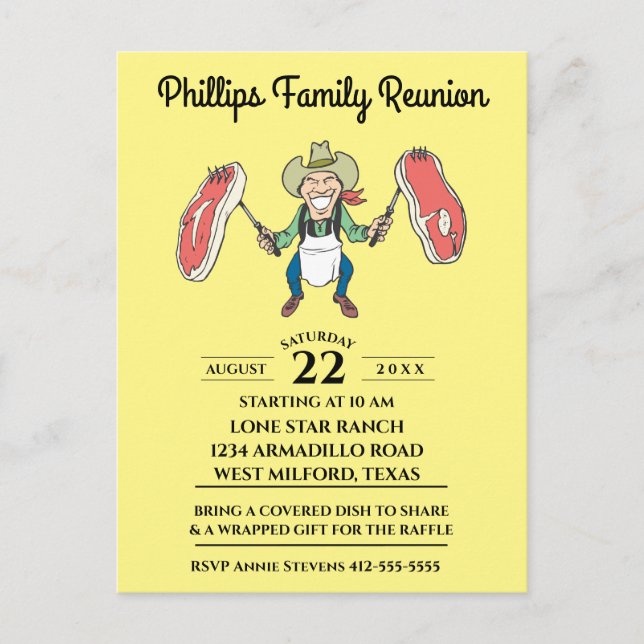 Family Reunion Cowboy Big Steaks Invitation Postcard (Front)