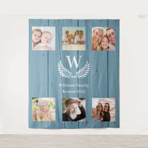 Family reunion custom photo collage monogram blue tapestry