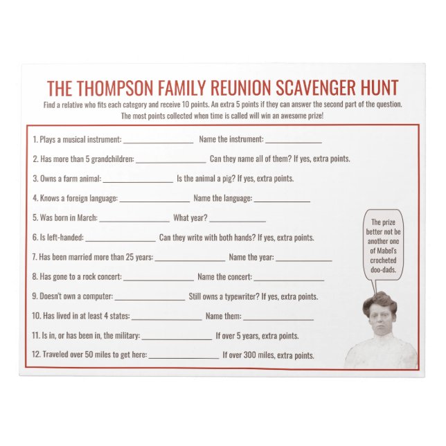 Family Reunion Custom Scavenger Hunt Game | Notepad (Front)