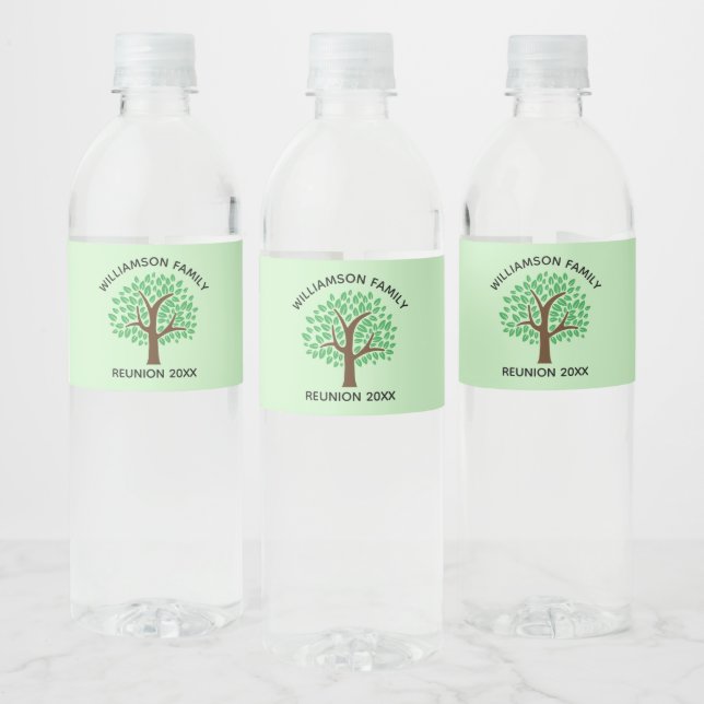 Family Reunion Cute Green Tree Custom Party Water Bottle Label (Bottles)