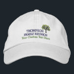 Family Reunion Embroidered Baseball Cap With Tree<br><div class="desc">The perfect hat for your family reunion - design features a tree and 3 lines of custom text - add your family name,  event title,  date,  location,  date,  etc. Great for reunions,  family events,  parties and family cruises.  (Easily change the text and hat and tree colours)</div>