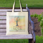 Family Reunion Family Tree Tote Bag<br><div class="desc">These Family Reunion Tote Bags are decorated with a mosaic family tree in the colours of the rainbow on a watercolor background. Customize them with your family name and the year. Because we create our own artwork you won't find this exact image from other designers. Original Mosaic and Watercolor ©...</div>