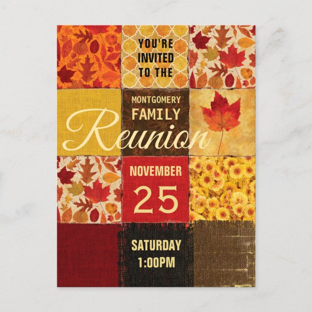 Family Reunion Farmhouse Autumn Patchwork Quilt Invitation Postcard (Front)
