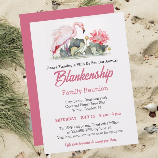 Family Reunion Flamingo Art One Day Event Custom Invitation (Front tropical family reunion template with pink back)
