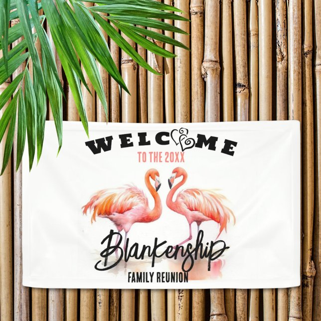 Family Reunion Flamingo Hearts Custom  Banner (Welcome family with a fun horizontal format reunion banner featuring two colorful flamingos.
)