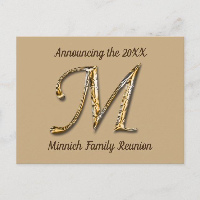 Family Reunion Gold Letter M Monogram Invitation Postcard (Front)
