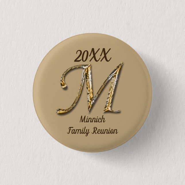 Family Reunion Gold Letter M Monogram Keepsake 1 Inch Round Button (Front)