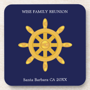 Family Reunion & Golden Ship Wheel on Navy Blue  C Coaster