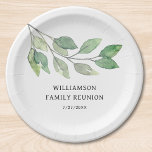 Family Reunion Green Personalized Paper Plate<br><div class="desc">This family reunion paper plate is decorated with green watercolor foliage.
Easily customizable. 
Use the Design Tool to change the text size,  style,  or colour. 
Because we create our artwork you won't find this exact image from other designers. Original Watercolor © Michele Davies.</div>