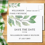Family Reunion Greenery Save The Date Announcement Postcard<br><div class="desc">Send save-the-date information for your family reunion with these stylish postcards. They are decorated with a modern, minimalist foliage design in shades of green. Easily customizable. Coordinating reunion invitations and party supplies are also available in my store. Use the Design Tool to change the text size, style, or colour. Because...</div>