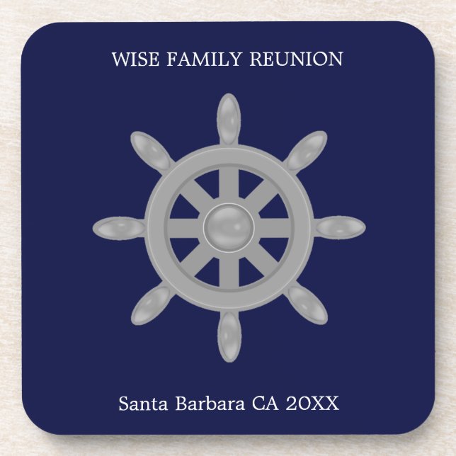 Family Reunion & Grey Ship Wheel on Navy Blue Coaster (Front)