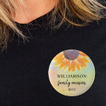 Family Reunion Keepsake  2 Inch Round Button<br><div class="desc">This sunflower family reunion button makes a lovely souvenir for your family get-together. It is decorated with a watercolor sunflower on a colourful background. Easily customizable. Use the Customize Further option to change the text size, style, or colour. Because we create our own artwork you won't find this exact image...</div>