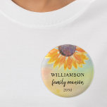 Family Reunion Keepsake  2 Inch Round Button<br><div class="desc">This sunflower family reunion button makes a lovely souvenir for your family get-together. It is decorated with a watercolor sunflower on a colourful background. Easily customizable. Use the Customize Further option to change the text size, style, or colour. Because we create our own artwork you won't find this exact image...</div>