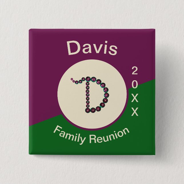 Family Reunion Keepsake Sparkling Letter D Initial 2 Inch Square Button (Front)