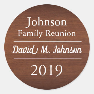 Family Reunion Nametags Warm Wood Look Classic Round Sticker