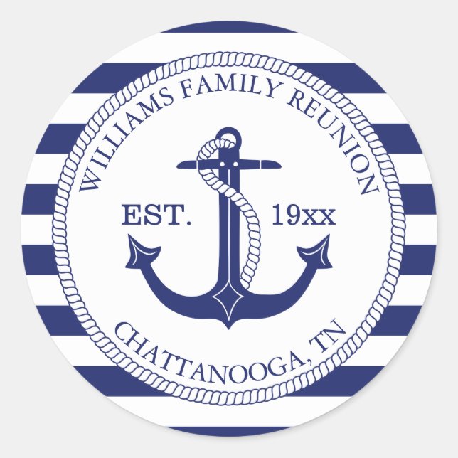 Family Reunion Nautical Anchor Monogram Striped Classic Round Sticker (Front)