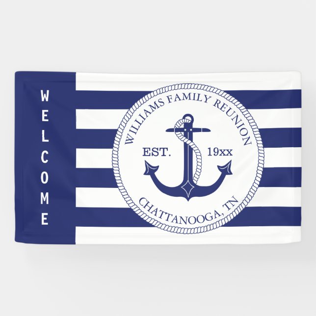 Family Reunion Nautical Anchor Striped Welcome Banner (Horizontal)