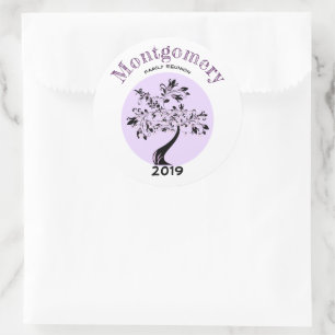 Family Reunion Party Trendy Purple Tree Artwork Classic Round Sticker