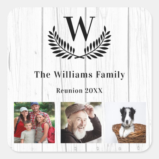 Family reunion photo monogram rustic wood square sticker (Front)