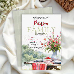 Family Reunion Picnic Floral Red Gingham Modern Invitation