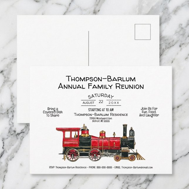 Family Reunion Red Train Invitation Postcard (Family Reunion Red Train Invitation Postcard)
