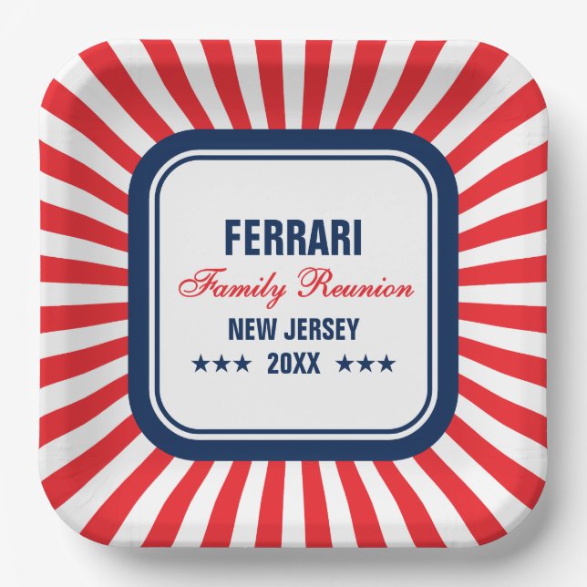Family Reunion Red White Blue Personalized Paper Plate (Front)