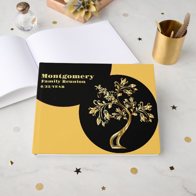 Family Reunion Registry Gold Tree Artwork Custom Guest Book (Front Open)