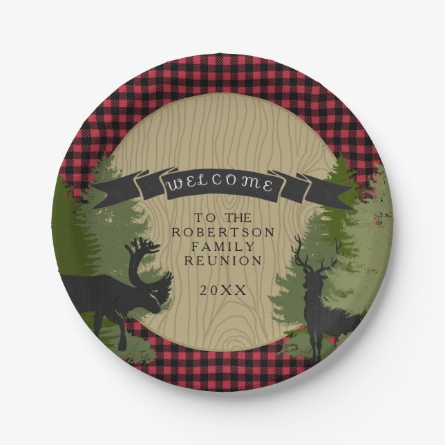 Family Reunion Rustic Picnic Deer Antler Trees Paper Plate (Front)