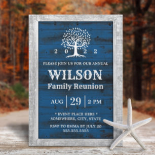 Family Reunion Rustic Wood Frame Family Tree Navy Invitation