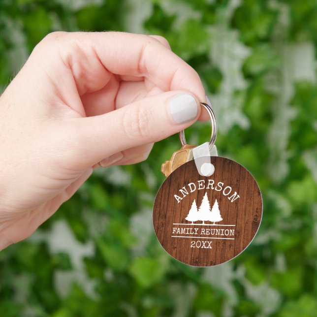 Family Reunion Rustic Wood Pine Trees Keychain (Hand)