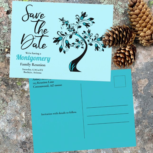 Family Reunion Save The Date Modern Teal Tree Announcement Postcard (Creator Uploaded)