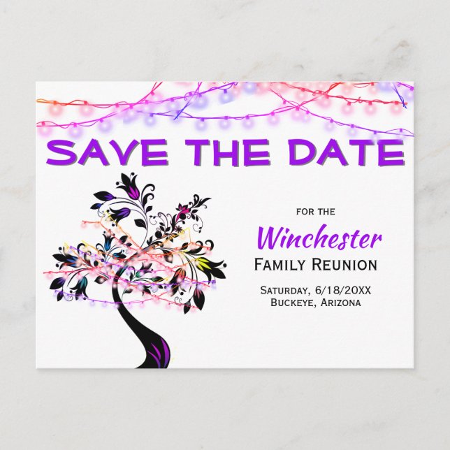 Family Reunion Save The Date Purple Lights Tree Announcement Postcard (Front)