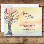 Family Reunion Save The Date Rainbow Tree Announcement Postcard<br><div class="desc">Family Reunion Save The Date Rainbow Tree Announcement Postcard. Ask your family to save the date for your Family Reunion with this stylish invitation postcard. It features a family tree in the colours of the rainbow on a watercolor background. There are templates for you to customize with your family name...</div>