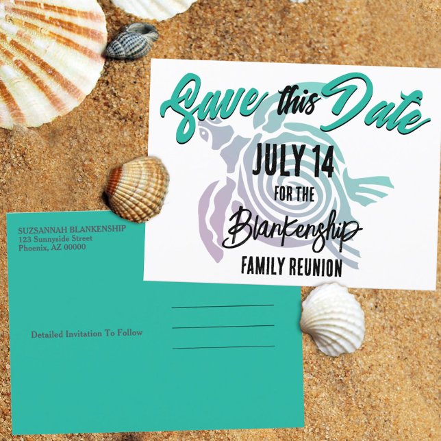 Family Reunion Save The Date Tribal Turtle Art Announcement Postcard (Give the family ample notice with this tropical save the date family reunion postcard announcement. )