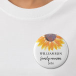 Family Reunion Souvenir 2 Inch Round Button<br><div class="desc">This sunflower family reunion button makes a lovely keepsake for your family get-together.
Easily customizable. 
Use the Customize Further option to change the text size,  style,  or colour.
Because we create our own artwork you won't find this exact image from other designers. 
Original Watercolor © Michele Davies.</div>
