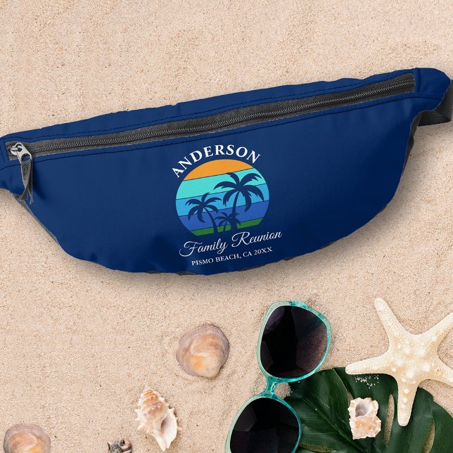Family Reunion Summer Beach Palm Trees Blue Fanny Pack (Customize to change text size, style or background color.)