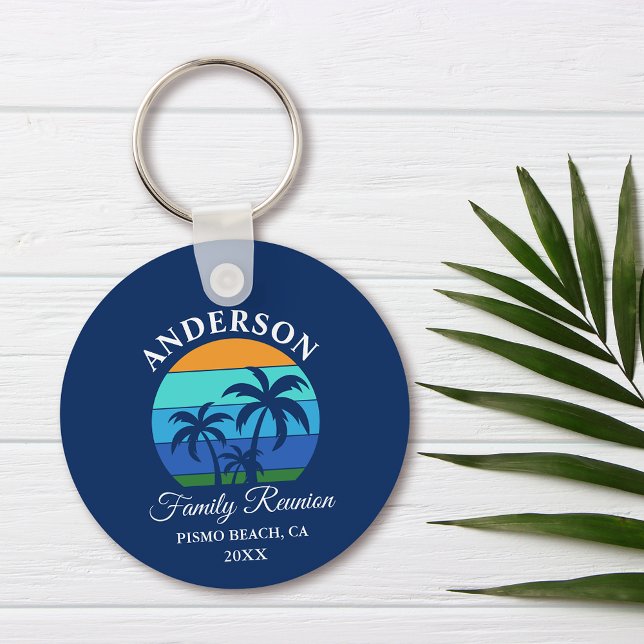 Family Reunion Summer Beach Palm Trees Blue Keychain (Customize to change text size, style or background color.)