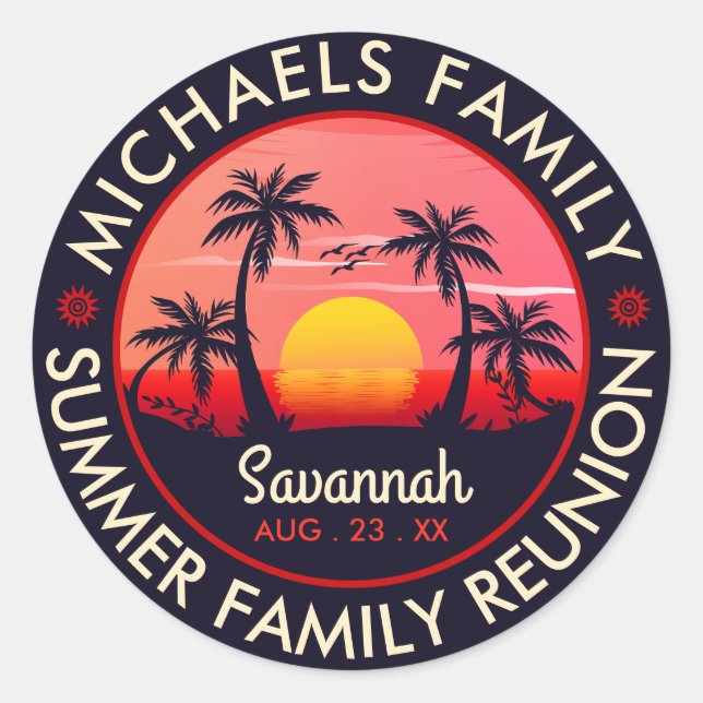 Family Reunion Summer Sunset Beach Palm Tree Classic Round Sticker (Front)