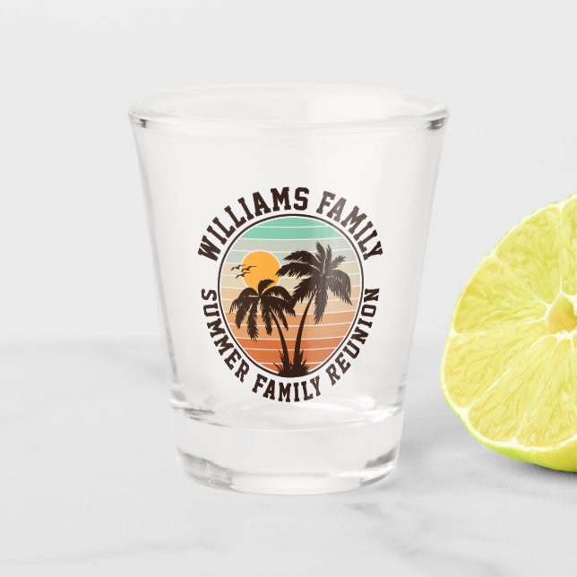 Family Reunion Summer Sunset Beach Palm Tree Shot Glass (Front)