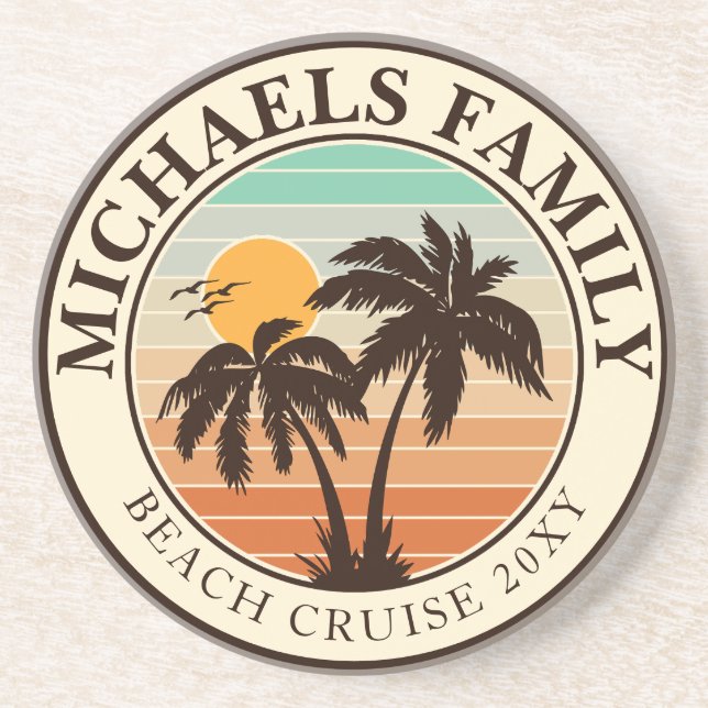 Family Reunion Summer Sunset Beach Palm Trees 60s Coaster (Front)