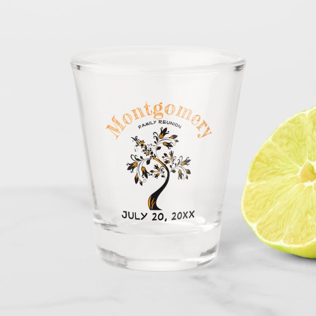 Family Reunion Trendy Orange Black Tree Artwork Shot Glass (Front)