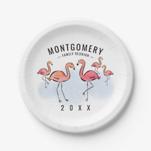 Family Reunion Tropical Pink Flamingo Custom Name Paper Plate