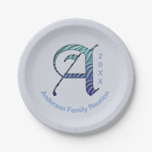 Family Reunion Unique Blue Letter A Monogram Paper Plate